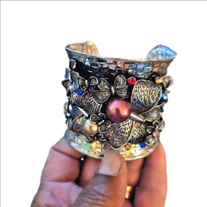 Retro Silver-tone Hammered Open Cuff Embellished with Butterflies and Pearls
